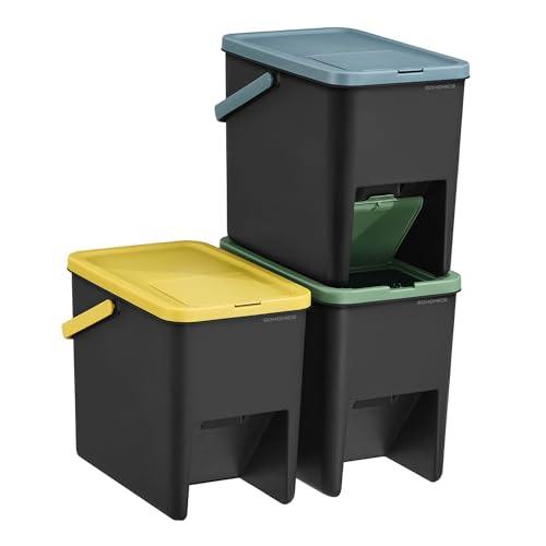 SONGMICS Poubelles de Tri pour la Cuisine, Lot de 3, Empilables, 20 L, Recyclage, Couvercles à Ouverture par Pression, Autocollants, Coffre de Rangement, Jaune, Bleu et...