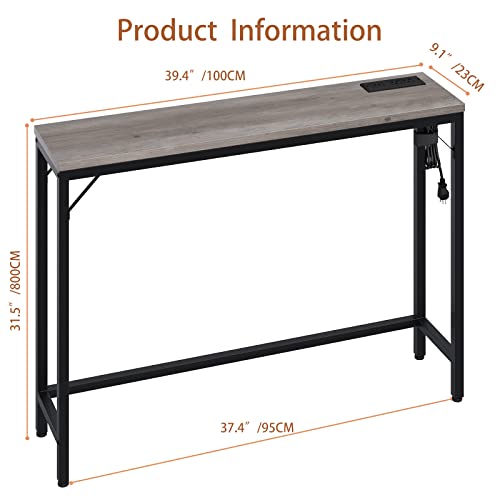 Idealhouse Console Table With Power Outlets & Usb Ports, Narrow Sofa Table With Charging Station, 39.3" Industrial Entryway Table, Behind Couch Table For Living Room, Hallway, Foyer, Bedroom-Grey #TOP6