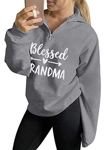 JINTING Blessed Grandma Sweatshirt Women Crewneck Sweatshirt Casual 1/4 Zip Novelty Long Sleeve Shirts Pullover Tops Blouse Grey