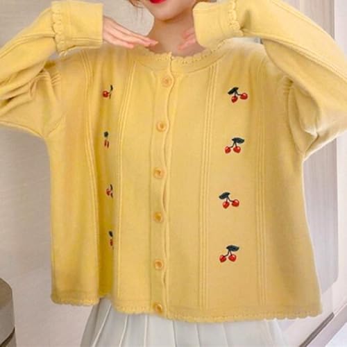 Xunger Women's Cherry Embroidery Knit Cardigan Soft Lightweight Long Sleeve Sweater Coat Cute Loose-Fit Round Neck Blouse4