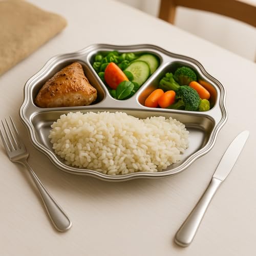 Image of Expresso - Heavy Duty Stainless Steel Round New Dinner Plate w /4 Sections Divided Mess Trays for Kids Lunch, Camping, Events & Every Day Use Kitchenware, 28cm (Pack of 5 Pcs)