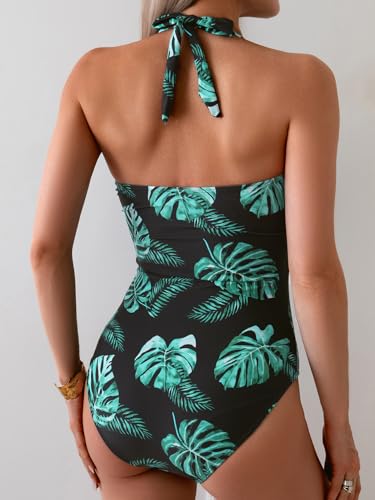 Image of Eomenie Women One Piece Tummy Control Swimsuit Halter Scallop Trim Bathing Suits 1 Piece Vintage Ruched Slimming Swimwear