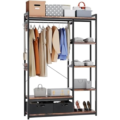 ZERDER Clothes Rack, Heavy Duty Garment Rack for Clothes, Industrial Clothing Racks with Shelves, 2 Fabric Drawers and 6 Side Hooks, Freestanding Metal Wooden Closet Organizer, Rustic Brown ZER-010 Cover