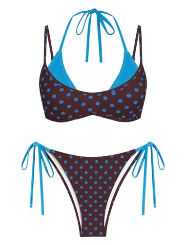 Image of ZAFUL Women's Polka Dot Bikini Set Double Layer Halter Swimsuit Colorblock Side Tie 2 Piece Bathing Suit