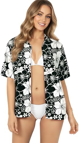 LA LEELA Hawaiian Shirts Womens Floral Beach Blouse Shirt Colorful Blouses Button Up Short Sleeve Dress Tops Tee Shirts for Women L All Hibiscus Black