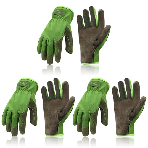 HANDLANDY Men Leather Gardening Gloves, Utility Work Gloves for Mechanics, Construction, Driver Green (3 Pairs) Medium