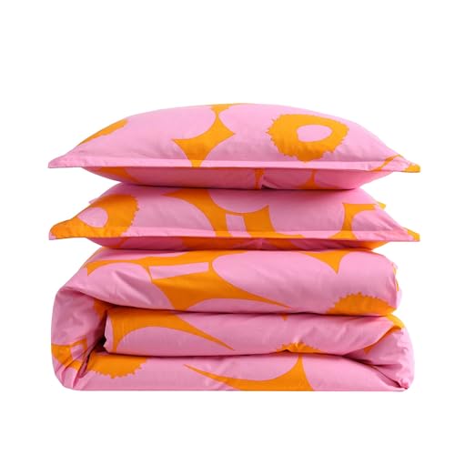 Image of MARIMEKKO - Queen Duvet Cover Set, Soft Cotton Bedding for Year Round Comfort, 3 Piece Floral Bed Set with Matching Pillowcases (Unikko Pink /Orange)