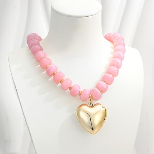 WOWORAMA Pink Chunky Heart Necklace for Women Light Pink Resin Beaded Necklaces with Puffy Heart Pendant Chunky Statement Necklace Handmade Trendy Choker Jewelry by WOWORAMA - Used condition - Image 3