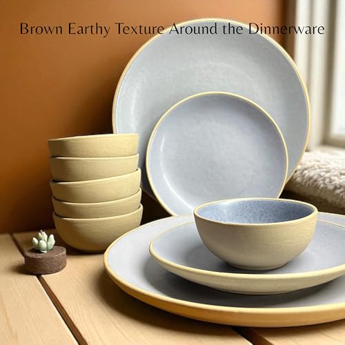 Image of Hand Painted Ceramic Dinnerware Set - 18 Pieces | 6 Dinner Plates, 6 Small Plates, 6 Katori Bowls | Earthy Blue | Microwave & Dishwasher Safe | Perfect for Home & Gifting