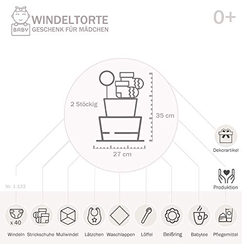 MomsStory - Windeltorte Mädchen | Haase | Baby-Geschenk zur Geburt Taufe Babyshower | 2 Stöckig (Rosa) mit Baby-Schuhchen Lätzchen Schnuller & mehr - Image 4