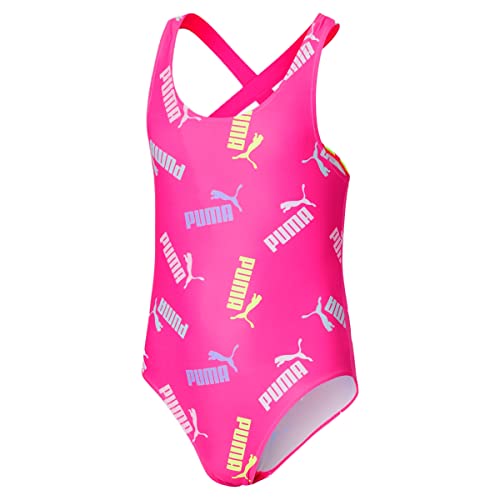 Image of PUMA Girls Sizes 7-16 All Over Print Logo Crossback One Piece Swim Bathing Suit (Ravish Pink, Medium)