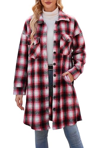 Women's Plaid Shirt Shacket Jacket 2025 Casual Button Down Long Sleeve Tartan Long Lapel Woolen Coats with Pockets2
