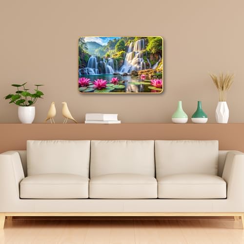 Image of Arkasto Lotus Waterfall MDF Wall Painting | Vastu Positive Wall Art for Living Room, Bedroom, Office & Home Decor | Nature Scenery with Waterfalls & Lotus Flowers (Style-04, 12x18 inch)