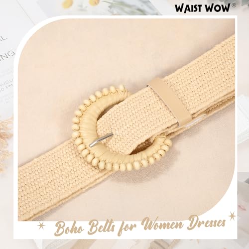 Image of Straw Woven Elastic Belt for Women Stretchy Belts for Dress Fashion Boho Waist Belt Rattan Raffia Ladies Belts