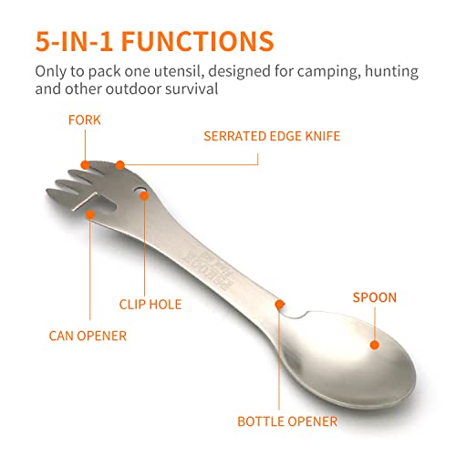 Pskook 5-In-1 Utility Tactical Spork, Stainless Steel Spoon & Bottle Opener, Fork & Knife, Can Opener Combo Camping Utensil For Hiking, Camping Or Backpacking (Matte Silver) #TOP1