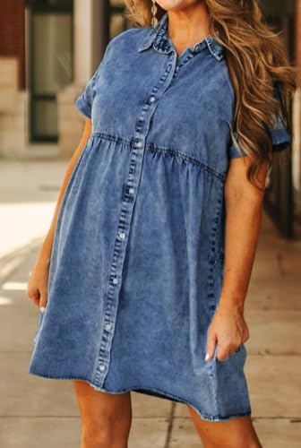 Image of Women's Denim Dress for Women Cute Blue Babydoll Denim Shirt Dress Denim Dress with Pockets