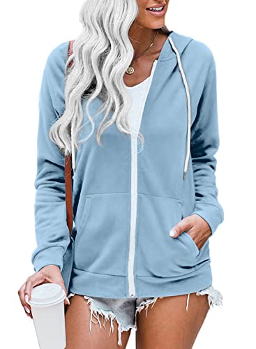 WROLEM Women Casual Zip Up Hoodie Lightweight Comfy Loose Long Sleeve Sweatshirt Solid Color With Pockets Plus Size 3XL Lightblue