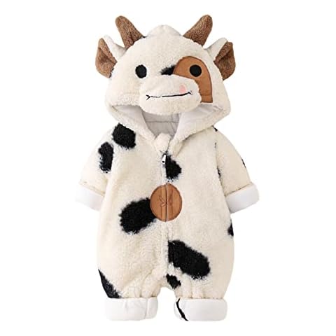 Lizxun Baby Girls Boys Plush Jumpsuit Halloween Cosplay Costume Long Sleeve Cartoon Cow Print Zipper Hooded Romper Clothes (Standard, 0-3 Months, Beige) Cover