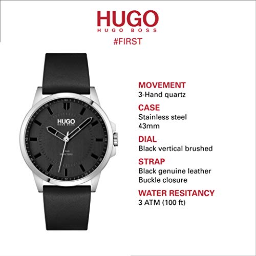 Hugo #First Men's Quartz Stainless Steel And Leather Strap Casual Watch, Color: Black (Model: 1530188) #TOP4