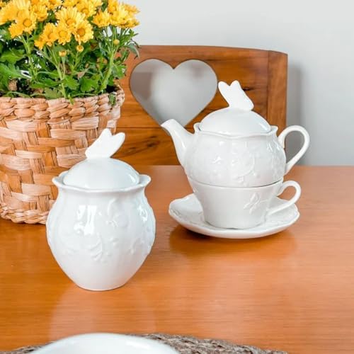 Conjunto 3 Peças de Chá de Porcelana New Bone Butterfly Flower - Lyor