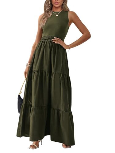 BTFBM Summer Dresses for Women 2026 Elegant Classy Sleeveless Solid Maxi Wedding Guest Dress Prom Fashion Clothing(Solid Army Green,XX-Large)