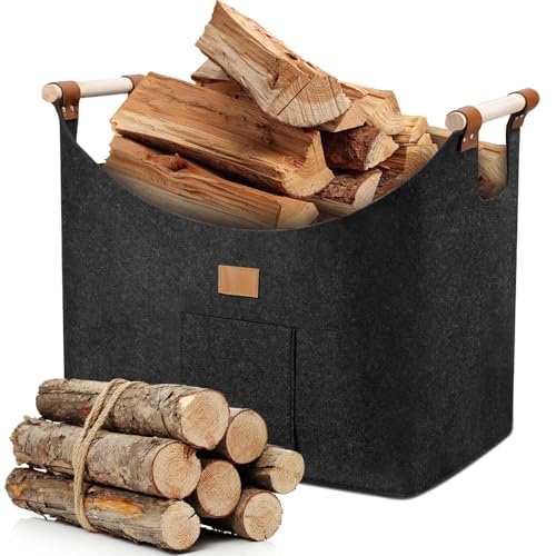 MZJAUVF 96L Kaminholzkorb, Holzkorb für Kaminholz, Faltbar brennholzkorb, Feuerholzkorb mit Griff, Brennholzkorb aus Extradickem Filz, 60x40x40cm Holzkorbs Filz, Holzkorbs Filztasche, Dunkelgrau