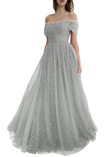 KURFACE Vestido de fiesta sin mangas con hombros descubiertos brillantes estrellados hacia fuera de la puerta, vestido de novia largo de fiesta de noche para mujer, gris claro, 40 Cover