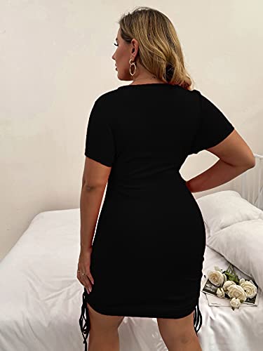 Verdusa Women's Plus Drawstring Ruched Side Short Sleeve Bodycon Mini Dress Black 3Xl #TOP1