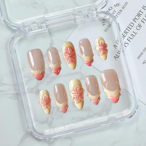 Almond Press on Nails Gradient French Tip Luxury False Nails Full Cover Handmade Press on Nails 3D Flower Water Ripple Designs Medium Thick Acrylic and Muti-Layer Gel Fake Nails for Women (Size S)