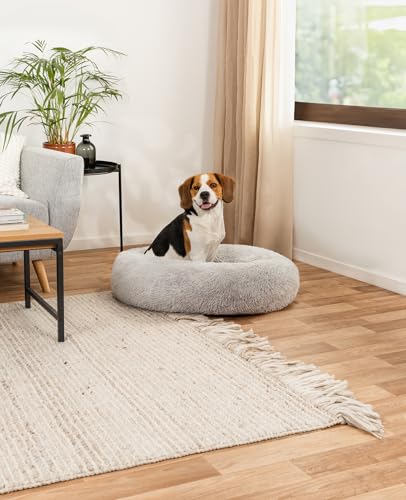 lionto Donutbett für Hunde und Katzen, Flauschiges Hundebett rund für kleine und große Heimtiere, Ø 80 cm, weiches Katzenbett aus kuscheligem Plüsch, Hundekissen mit extra Dicker Füllung, hellgrau