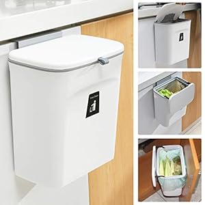 Tiyafuro 2.4 Gallon Kitchen Compost Bin for Counter Top or Under Sink, Hanging Small Trash Can with Lid for Cupboard/Bathroom/Bedroom/Office/Camping, Mountable Indoor Compost Bucket, White