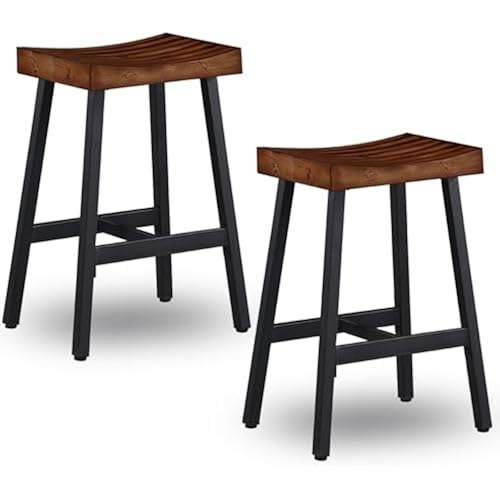 OUllUO Bar Stools Set of 2, Backless Saddle Barstools, 25" Counter Height Bar Stools, Solid Wood Counter Stools with Metal Frame, 521P-BBWD