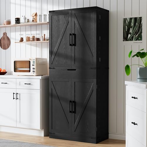 Image of GRUSIGN 72 inch Tall Storage Cabinet, Kitchen Pantry Cabinet with Adjustable Shelves & Sturdy Steel Frame, Farmhouse Pantry Storage with 4 Barn Doors for Kitchen, Dining Room, and Living Room, Black