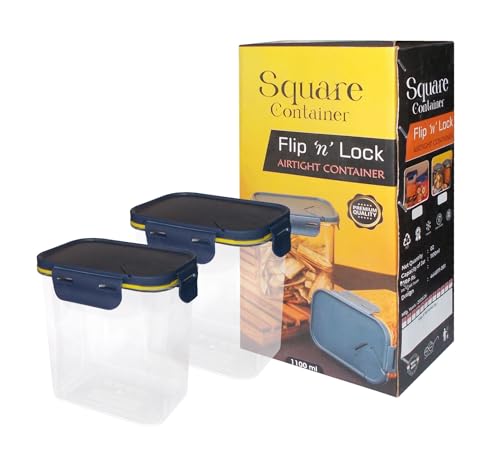 Image of Kotak Sales Flip N Lock 1100ML Square Premium Food Storage Container Unbreakable BPA Free Food Grade Air Tight Transparent Design Freezer Safe Stackable Box Dryfruits Pulses Snacks (550ML X 2 Pcs)