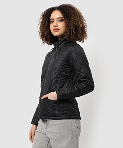 Image of Campus Sutra Women's Black Quilted Regular Fit Bomber Jacket For Winter Wear | Standing Collar | Full Sleeve | Zipper | Casual Jacket For Woman & Girl | Western Stylish Jacket For Women