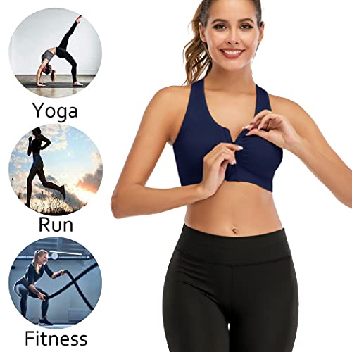 Women's Zip Front Closure Sports Bra - Seamless Wirefree Post Surgery Bra Removable Cups Workout Yoga Sport Bra Navy Blue #TOP2