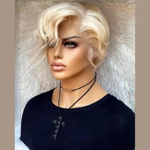 RICONEY Blonde Bob Wig Human Hair Natural Straight Lace Front Wigs for Black Women Human Hair Short Pixie Cut Wig 180% Density 613 Color