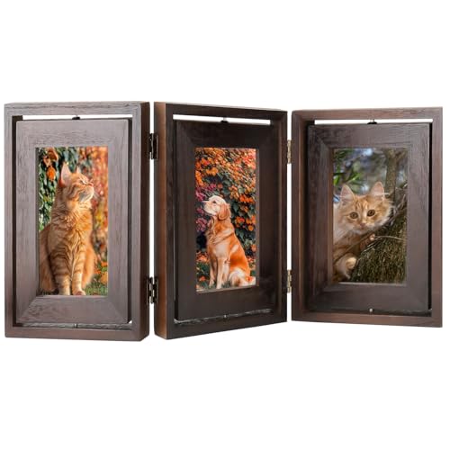 Photo Frame, Triple Rotating Frames with Double Sided Display, 6x4 Rustic Wood Hinged Folding High Definition Glass Frames for Family Friends Couple, Can Hold 6 Series of Photos, Holz Walnuss