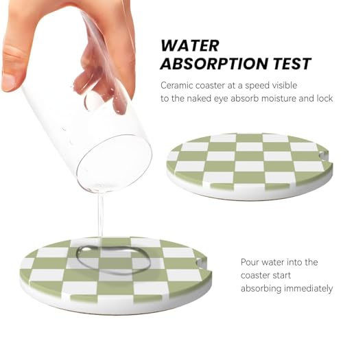 Image of Green White Checkered Buffalo Plaid Car Coasters for Cup Holder - Absorbent Ceramic 2 Pack With Anti-Slip Cork Base and Finger Notch - Interior Accessories for Women Men 2.56 inch