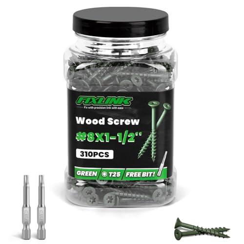 Image of Wood Screws 1-1 /2 Inch, FIXLINK Deck Screws #8 x 1-1 /2 inch, 310 PCS, Epoxy Coated, T25 Star Bit Above 1500 Hour Salt Spray Coating Outdoor Decking Screws Excellent Rust Resistant for Wood Fence, Green