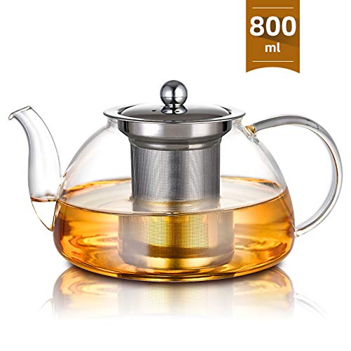 SULIVES Glass Teapot with Stainless Steel Infuser & Lid, Borosilicate Glass Flower Tea Kettle Stovetop Safe, Blooming & Loose Leaf Teapots, 34 oz / 1000 ml (800ML, Clear)