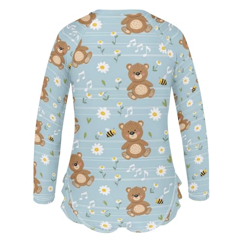 Cute Bears Daisy Music Notes Girls Long Sleeve Swimsuit Rash Guard One Piece Bathing Suits Zipper 3-12T3