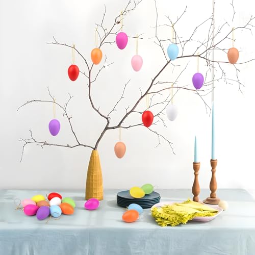 TOSAVGA 24 Stück Ostereier zum Aufhängen, Bunte Ostereier Plastik mit Schnur, 6 x 4CM Plastikeier Osterdeko, Ostereier Deko zum Hängen, Kunststoffeier Dekorieren für Draußen, Oster Plastik Eier