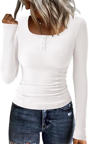 KIRUNDO Womens Long Sleeve Tops Casual Ribbed Knit Henley Button Down Shirts Slim Fit Workout Basic Tees Fashion Clothing