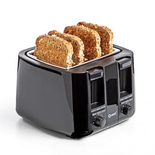 Quest 4 Slice Black Toaster with Extra Wide Slots / 7 Browning Levels/Reheat & Defrost/Crumb Tray & Cord Storage/Bagels Bread Crumpets