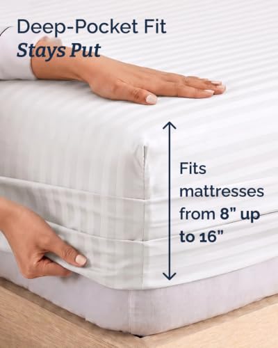 Image of Twin 4 Piece Bed Sheet Set - Breathable & Cooling Sheets - Striped White