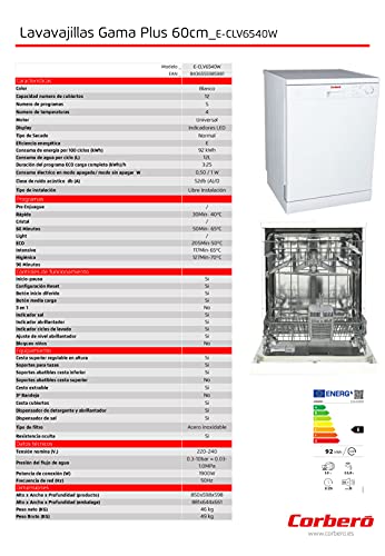 Corbero-E-CLV6540W-Lavavajillas-Gama-Plus-60-cms-12-Cubiertos-5-Programas-con-4-T-LED-Boton-Inicio-Diferido-Cesta-Superior-Regulable-en-Altura-52-Dba-Color-blanco-Eficiencia-energetica-E