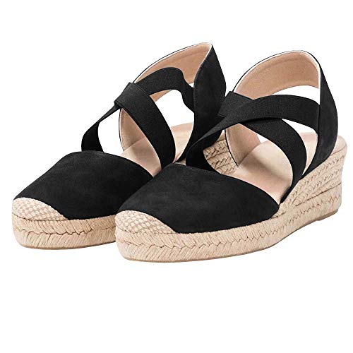 PiePieBuy Womens Espadrille Platform Wedge Sandals Closed Toe Mid Heel Ankle Sandals Black