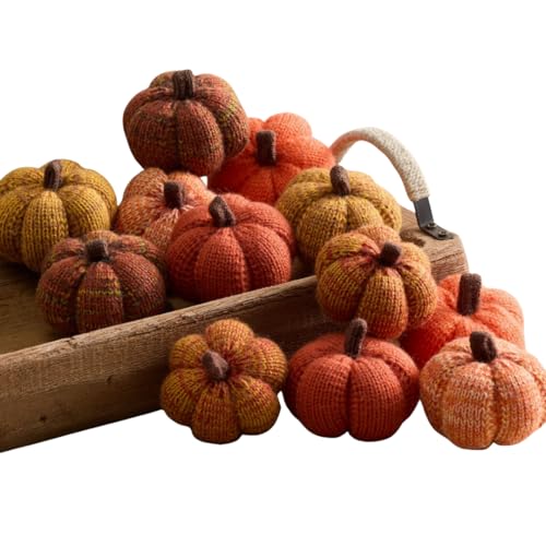 Image of Set of 12 Cozy Mini Knit Orange Pumpkins (Sunset Full Set) | Fall Gold Rust, Home Decor Accent, Tabletop Thanksgiving, Soft Autumn Decor