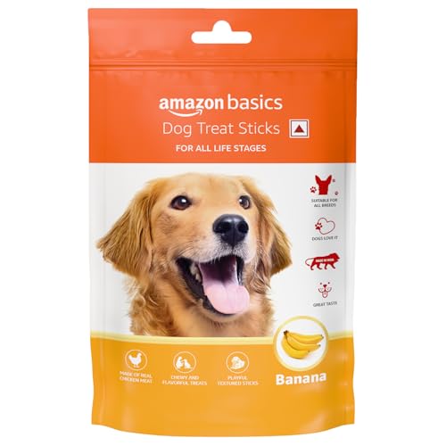 Image of Amazon Basics Dog Treat Sticks 140 gm, Chewy Meat Sticks for Adult Dogs and Puppies, High Protein Dog Treats for Training and Snacks, Made of Real Chicken Meat, Ziplock Pack, Banana Flavor